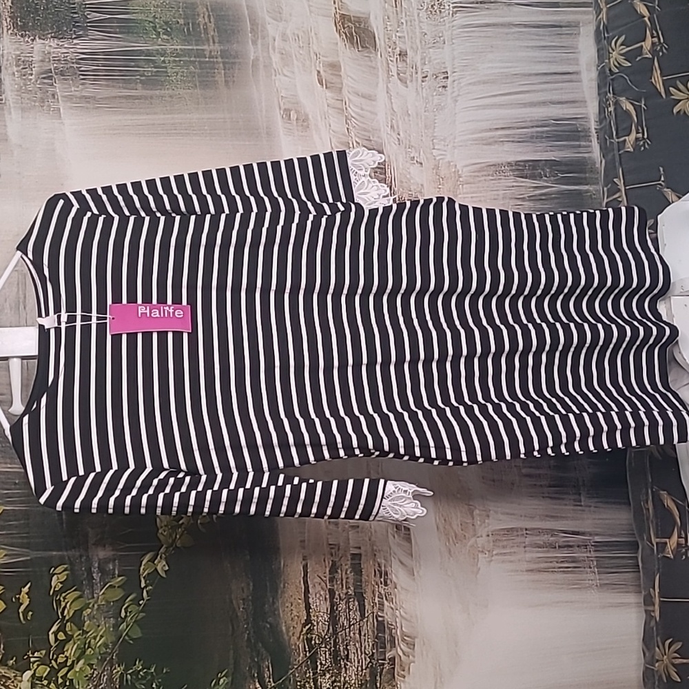 New with tags! Halife Womens Medium black white striped lacy trim midi dress